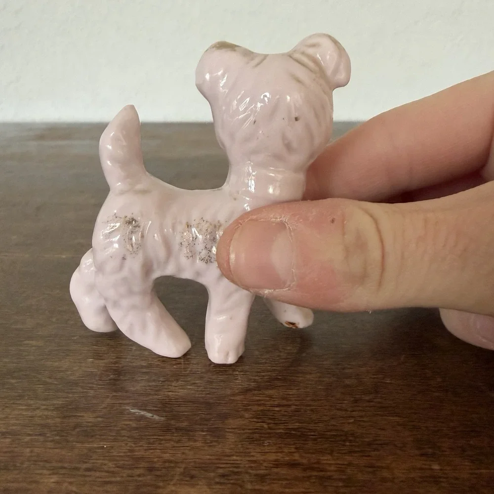 Vintage Pink Porcelain Dog Terrier Poodle Gold Accents Japan Miniature‎ Trinket